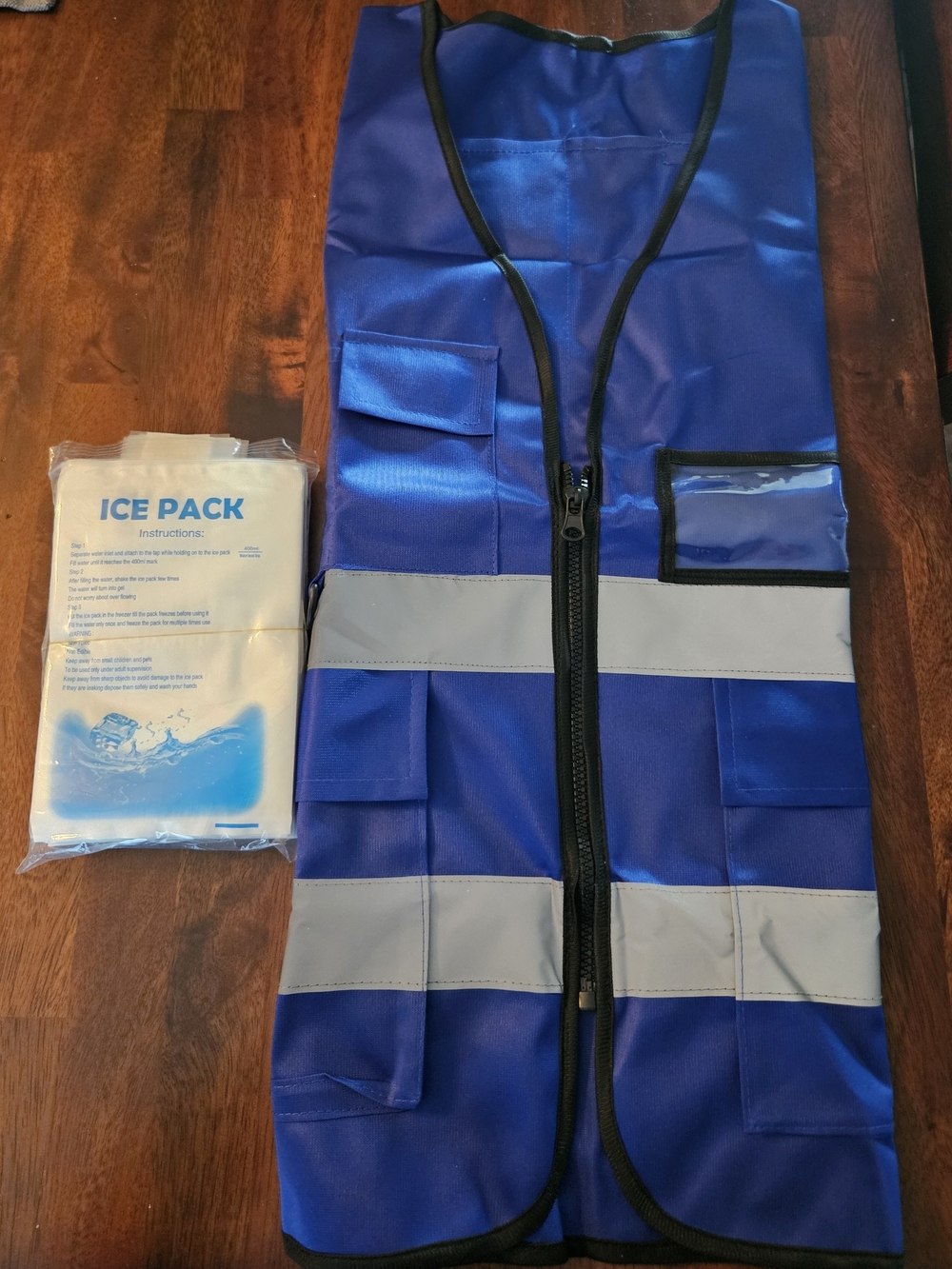 Cooling Safety Vest L Blue/Gray Reflective Stripes Zipper Pockets w/ Ice Packs